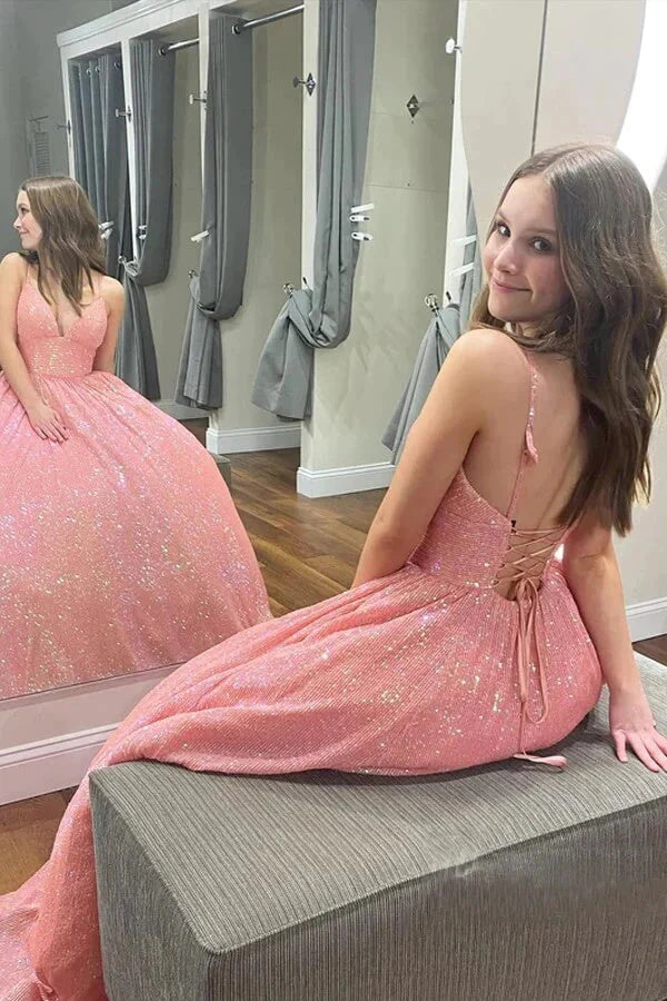 Wholesale Sparkly Sequins Spaghetti Straps Prom Dresses With Pockets